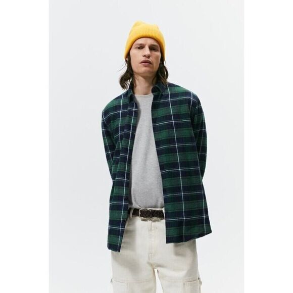 Zara Men Shirt S Green Cotton Plaid Flannel Long Sleeve Button Down 5679/400 NWT - Picture 1 of 13